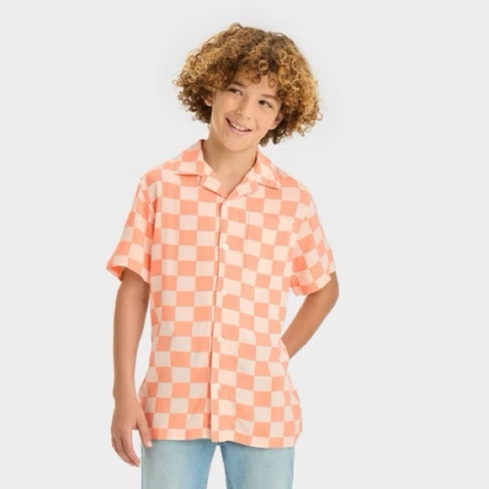 Cat & Jack Orange Checkered Button Down Shirt